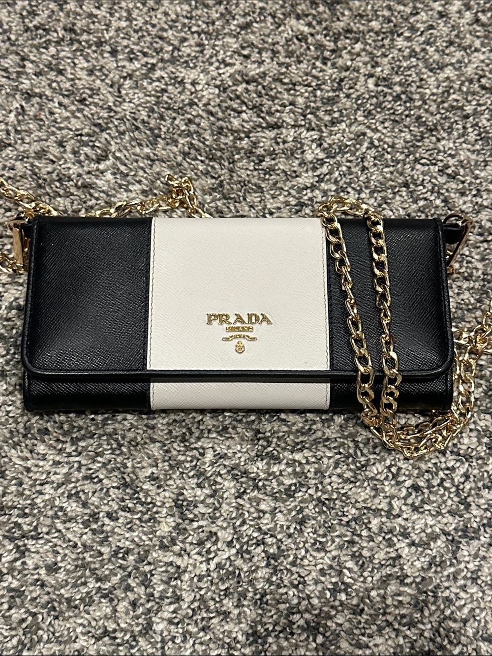 Prada Black and White Saffiano Wallet with added unbranded insert and Gold Chain